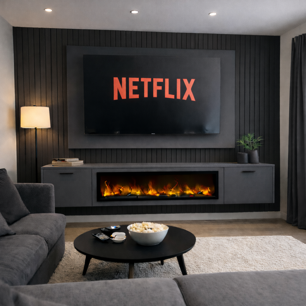 Dark media wall with electric fire and TV