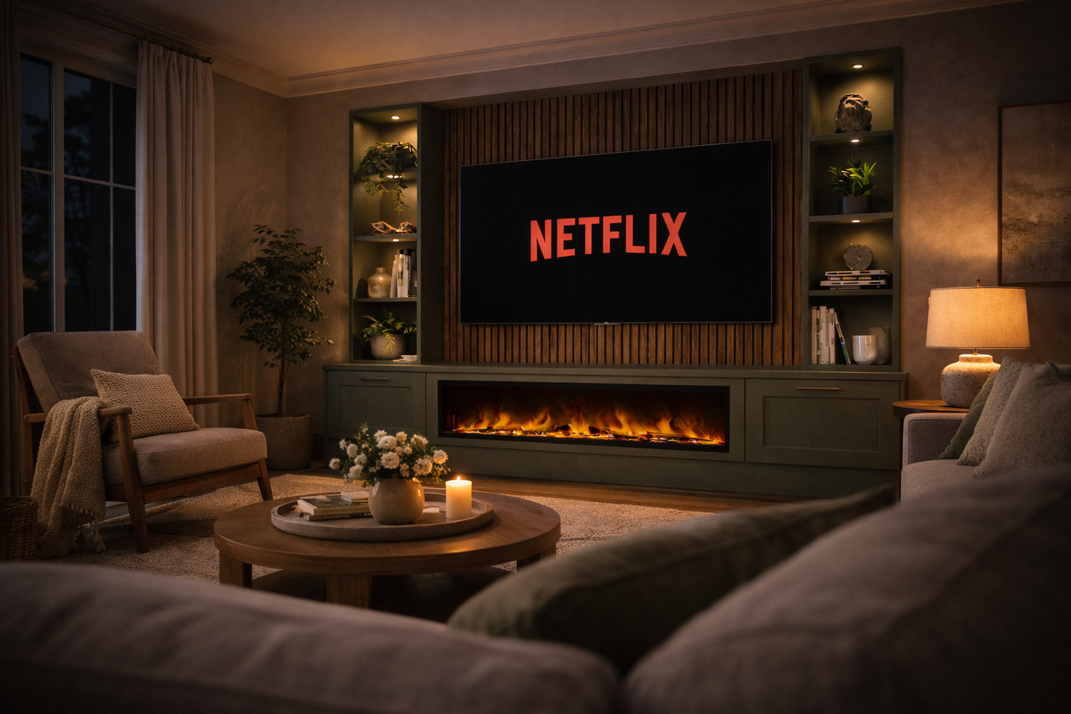 Warm media wall with wood slats, built-in shelving and electric fire