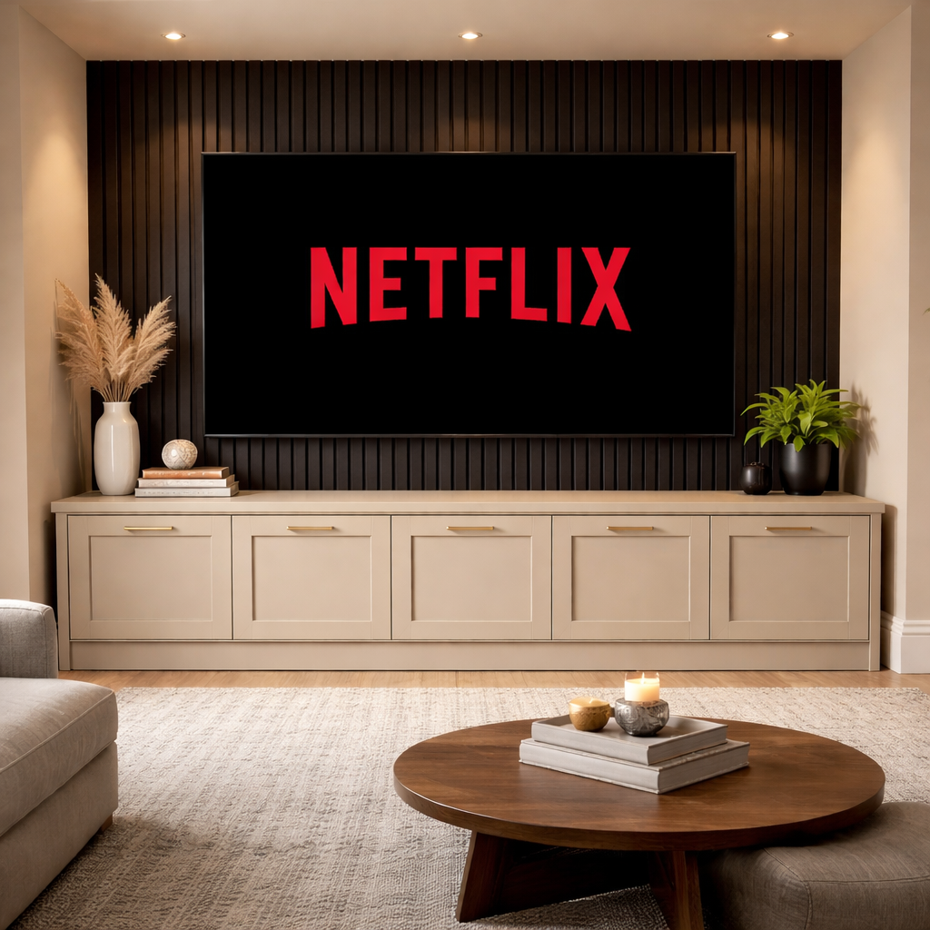 Light painted media wall with full-width cabinetry