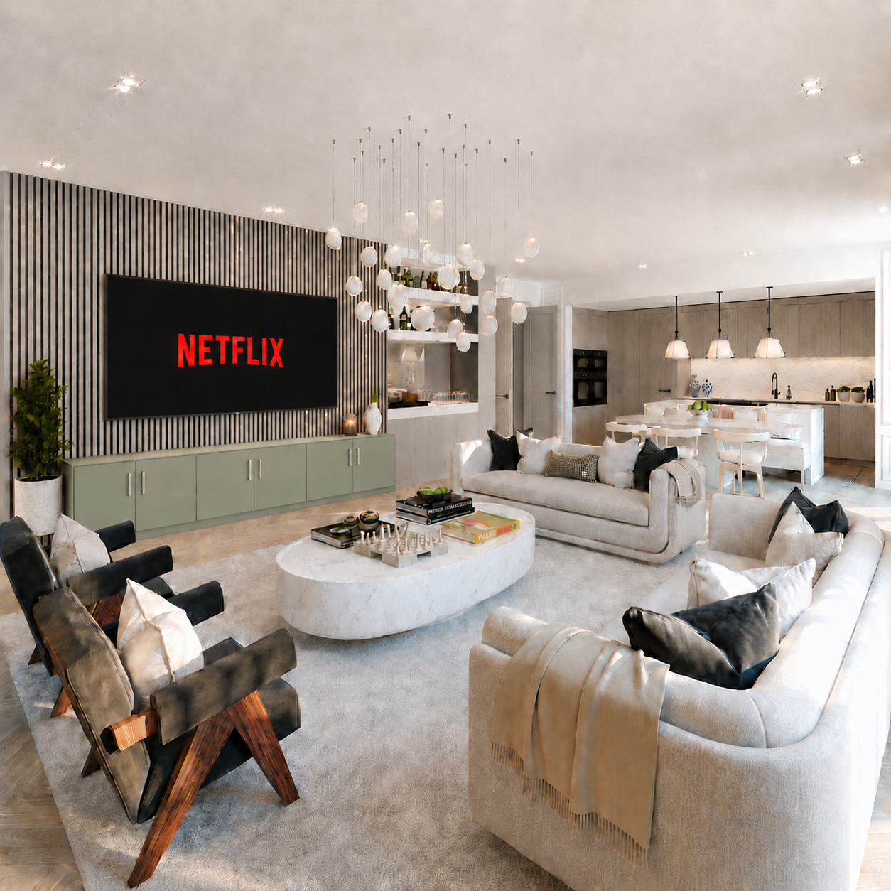 Contemporary media wall in an open-plan living space